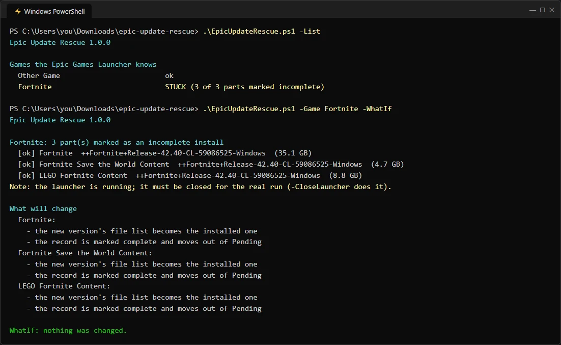 A terminal window: the tool finds Fortnite stuck as an incomplete install and previews the fix.